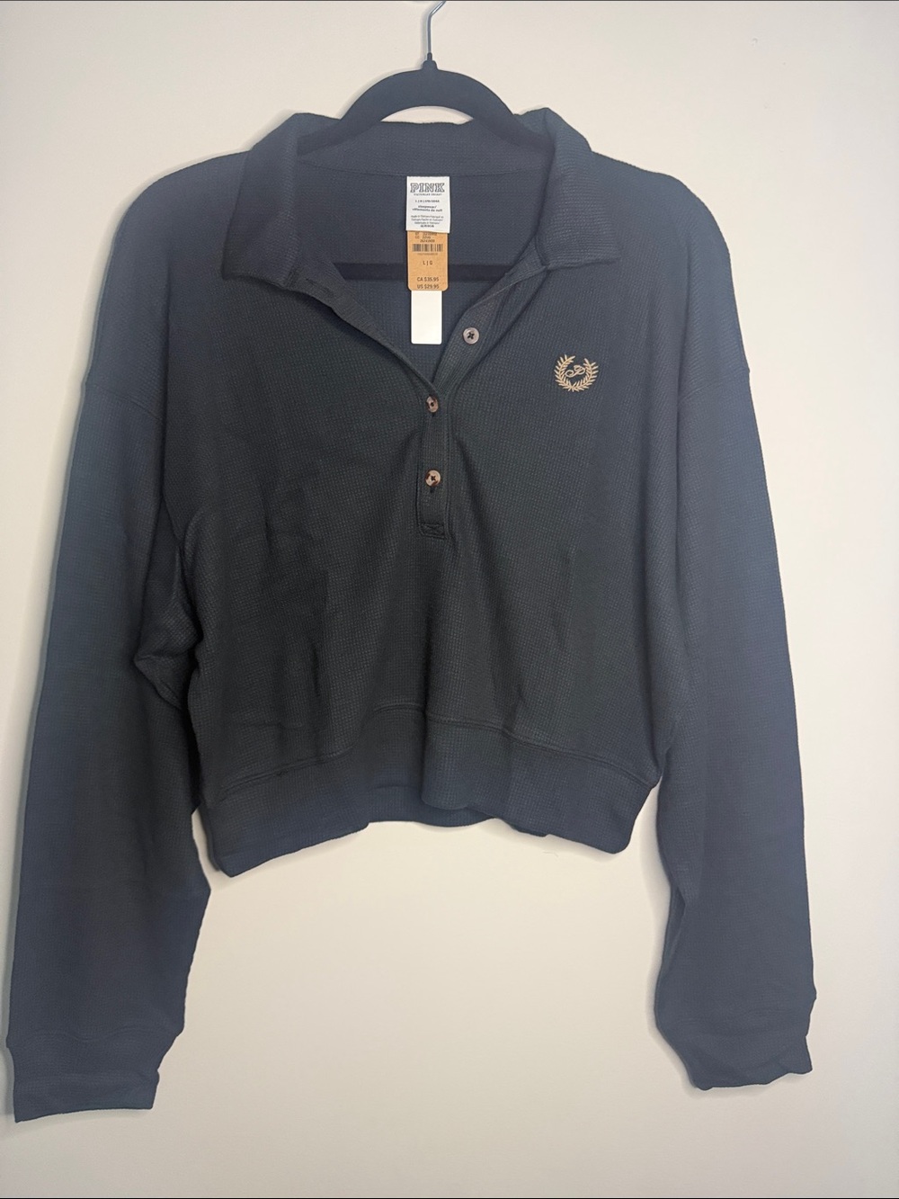 PINK Victoria's Secret Cropped Polo Sweatshirt in black with Gold Crest